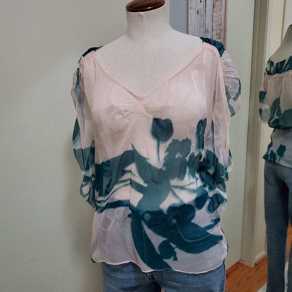Diane Von Furstenberg Ketty Silk Sheer Blouse Floral Print Beige & Teal 4